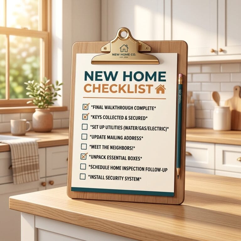 Graphic illustration of a clipboard with a move-in checklist resting on a kitchen counter in a new home