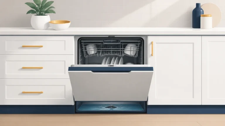 Illustration of an open dishwasher with standing water for a dishwasher not draining guide