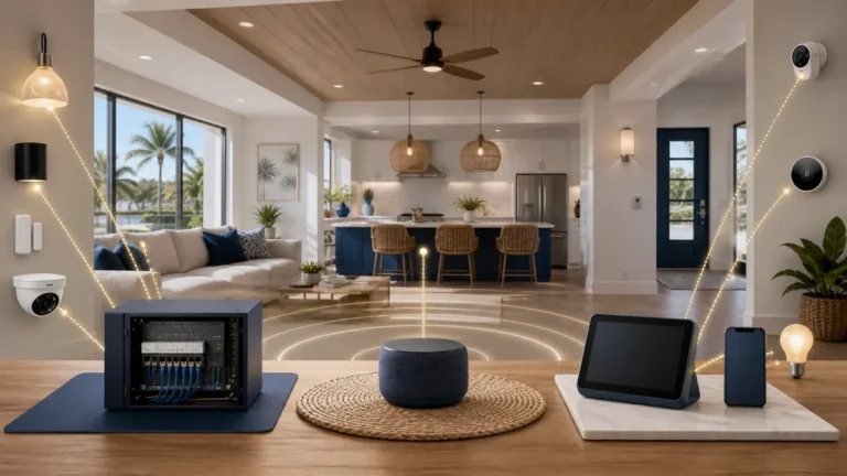 Illustration comparing local smart-home control with voice-speaker and app-based home ecosystems