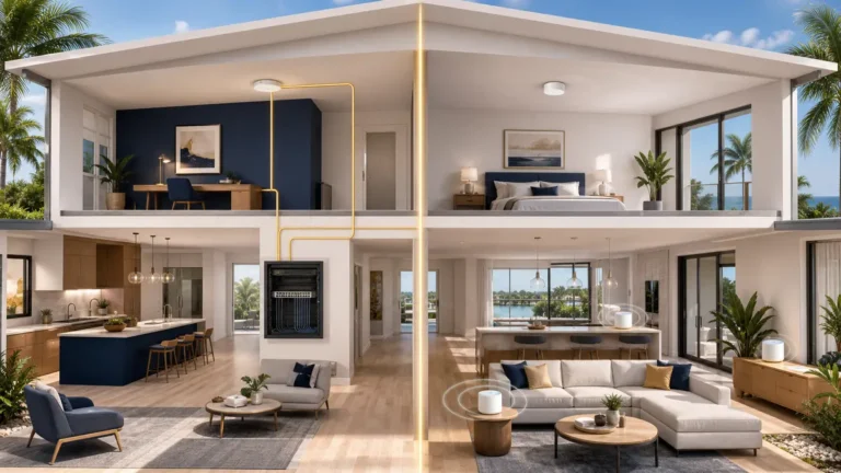 Illustration comparing a wired ceiling access-point network with consumer mesh Wi-Fi nodes in a Florida home