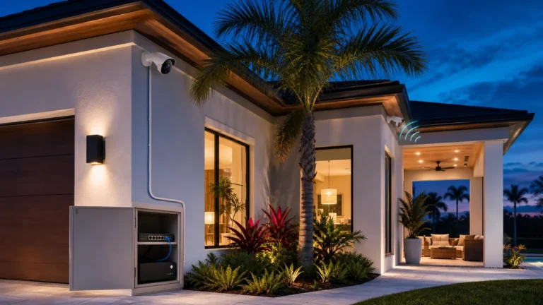 Illustration comparing PoE and Wi-Fi security cameras on a modern Florida home