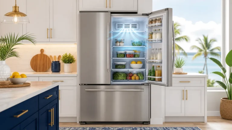 Illustration of refrigerator cooling airflow in a bright kitchen