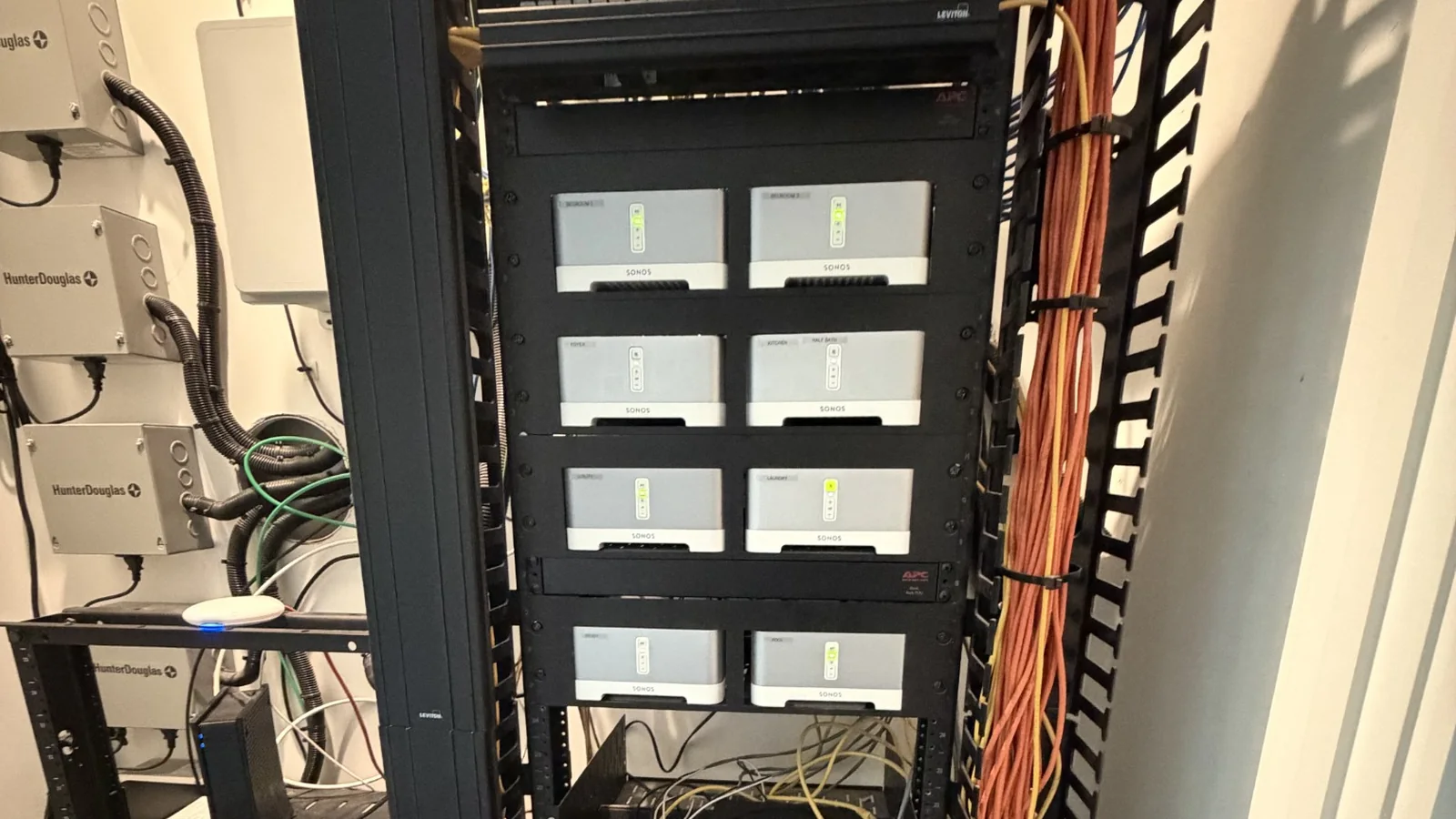 Professional network and Sonos equipment rack in a residential technology closet